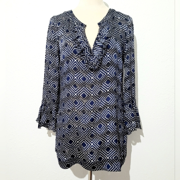Tory Burch Women's Navy Blue Geometric Print Silk Blend Ruffle Tunic Top Size 8 - Picture 1 of 13